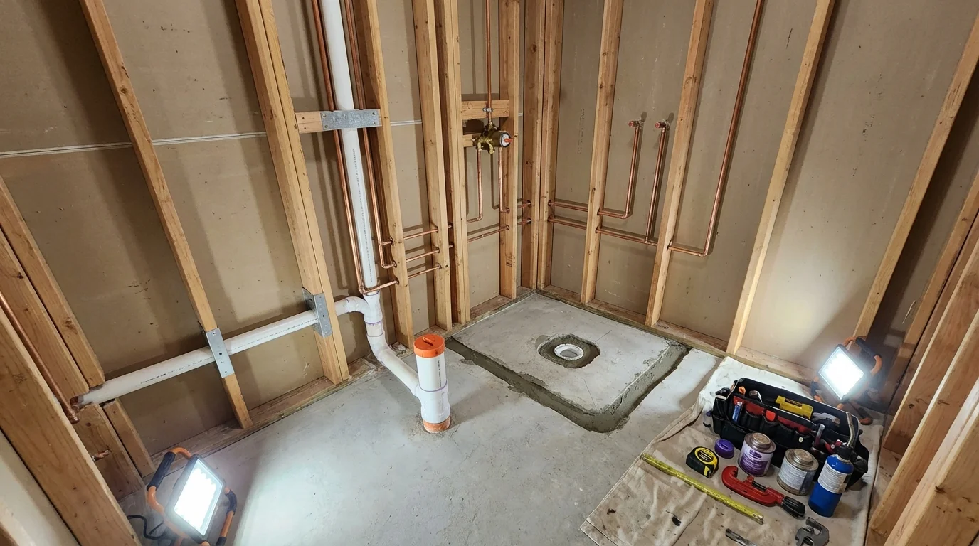 Bathroom rough-in plumbing during remodel by Johns Plumbing LLC in Soldotna