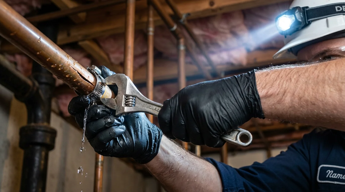 Emergency pipe clamp repair being performed by a Johns Plumbing LLC plumber in Soldotna