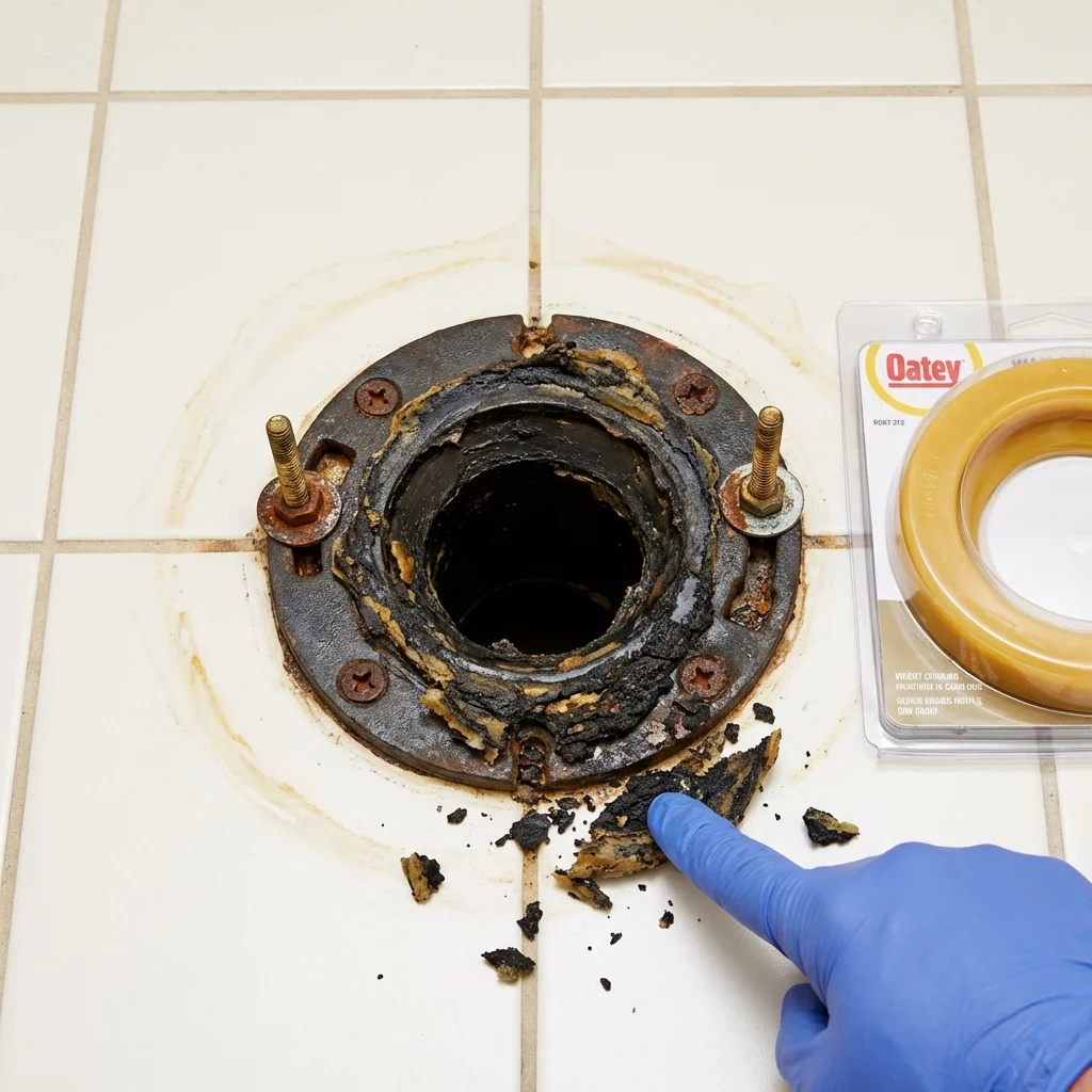 Failed wax ring showing water seepage at the base of a toilet in a Soldotna, AK home